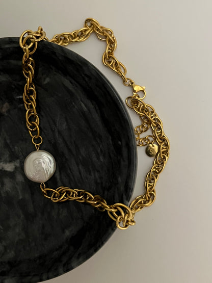 Midori Link Chain Necklace | White Coin Pearl