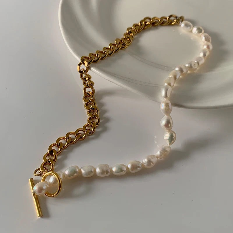 Fuji Toggle Half Pearl & Half Cuban Necklace