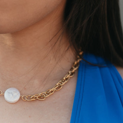 Midori Link Chain Necklace | White Coin Pearl