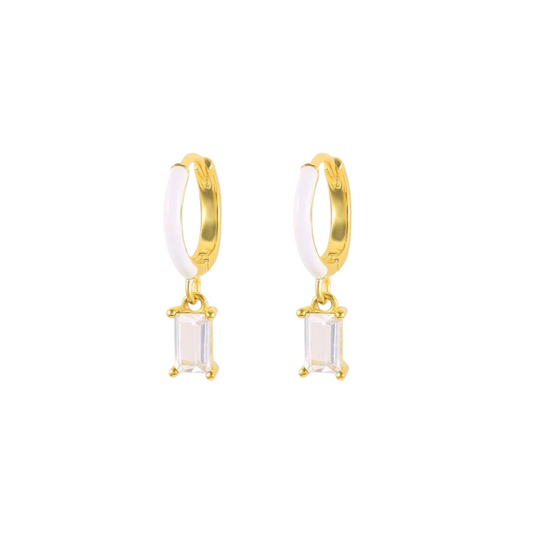 Sadie White Enamel Baguette CZ Huggie Earrings